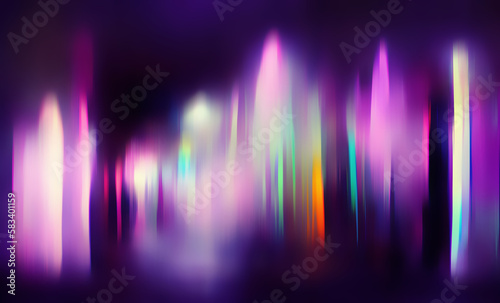 Neon light pattern. Digital world. Mysterious design. Dark violet background with luminous blurred rainbow glowing vertical lines graphic illustration.