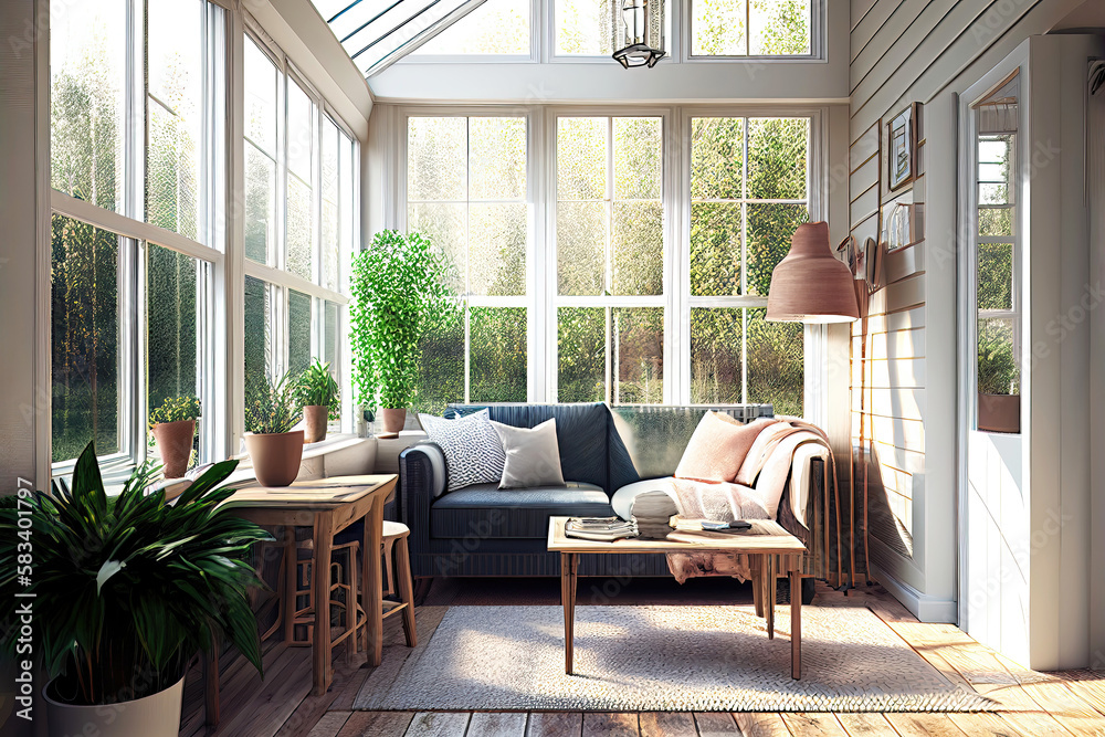 Modern bright sunroom room as interior design concept illustration (Generative AI) - obrazy, fototapety, plakaty 