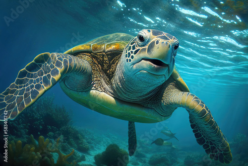 Sea turtle swimming under water as wildlife illustration (Generative AI)
