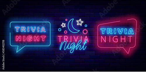 Trivia night neon signboards collection. Moon and staars. Speech bubble frame. Vector stock illustration photo