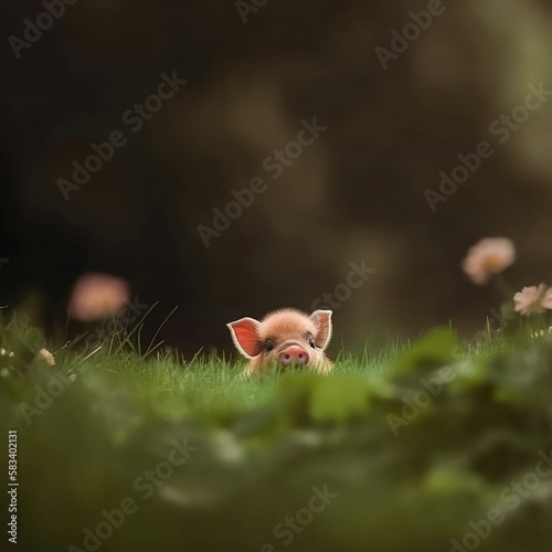 A tiny pink piglet pops its curious head over the rolling horizon of a lush green hill
