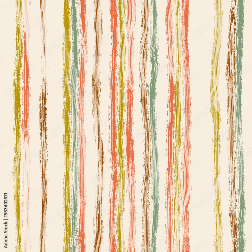 Hand drawn seamless pattern with vertical blurry stripes in yellow orange green color on beige background. Abstract geomentric mid century modern style, irregular liquid lines, minimalist design for Hand drawn seamless pattern with vertical blurry stripes in yellow orange green color on beige background. Abstract geomentric mid century modern style, irregular liquid lines, minimalist design for