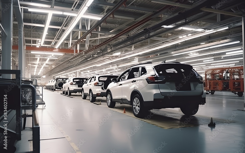 Fototapeta premium Car production factory inside with copy space. Generative AI