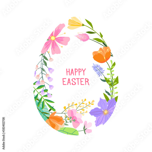 Happy Easter flower egg vector illustration. Trendy Easter design with typography and spring flowers in soft colors for banner, poster, greeting card.