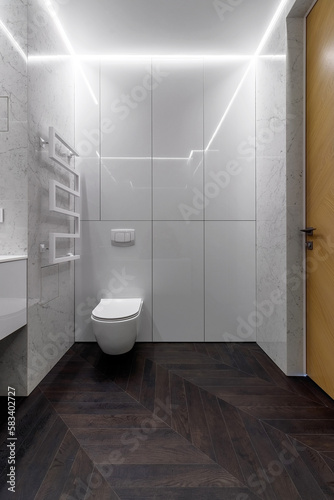 A luxurious interior in the bathroom with a bathroom  a shower on a shelf and a walk in the shower. White marble and dark brown floor. White cranes and plumbing