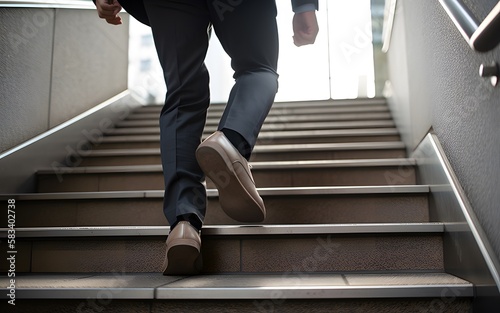 Close up young businessman feet sprinting up stairs office middle image