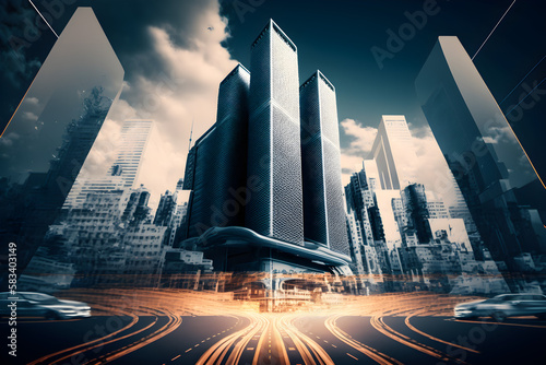 Creative abstract concept of technology and connection with city digital skyscrappers and traffic. 3d illustration