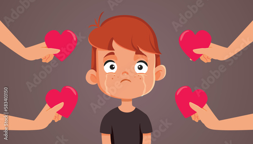 Sad Boy Receiving Support from Friends and Family Vector Illustration. Unhappy child feeling insecure receiving affection and love
