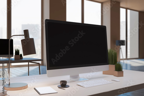 Close up of designer office workplace with empty black computer monitor, window with city view, decorative items and supplies. Mock up, 3D Rendering. © Who is Danny