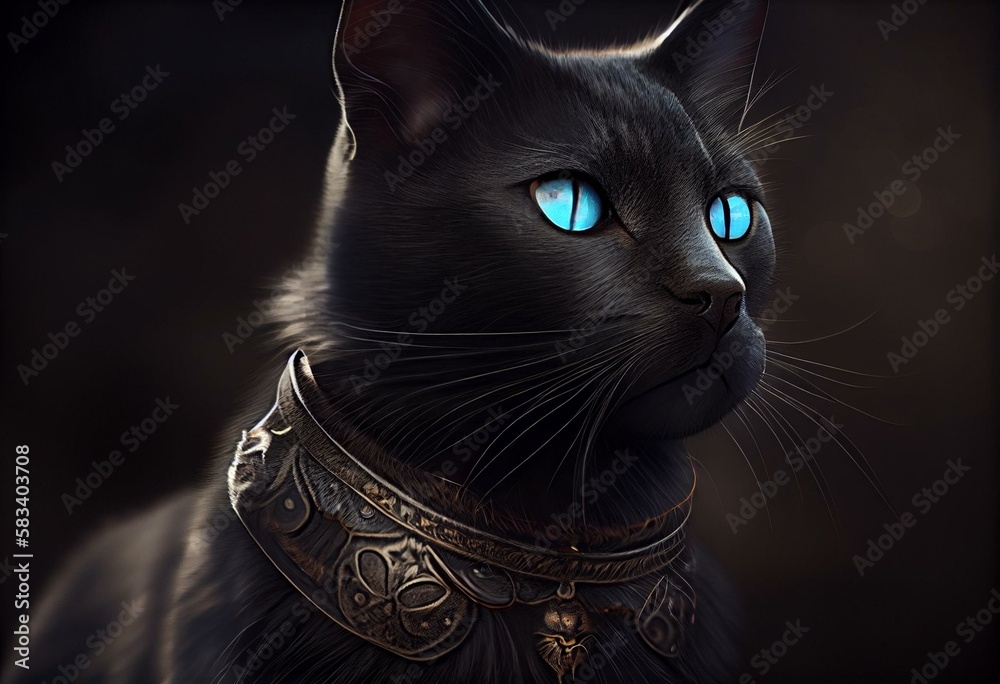 An intriguing illustration of a mysterious black cat with blue eyes and ...