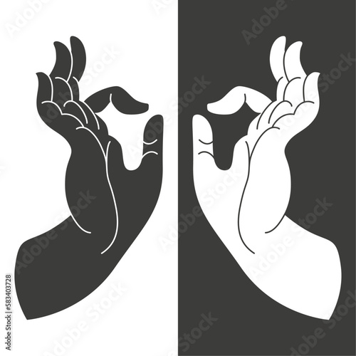 Hindu hand pose on black and white. Buddhist mudra. Tibetan thangka symbol.