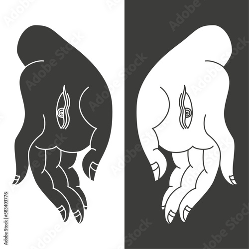 Hindu hand pose on black and white. Buddhist mudra. Tibetan thangka symbol.