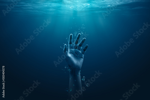 Despair drowning hand underwater danger help accident on urgency sos dangerous water background of emergency problem rescue ocean swimming warning risk or saving life reaching hopeless alone concept.