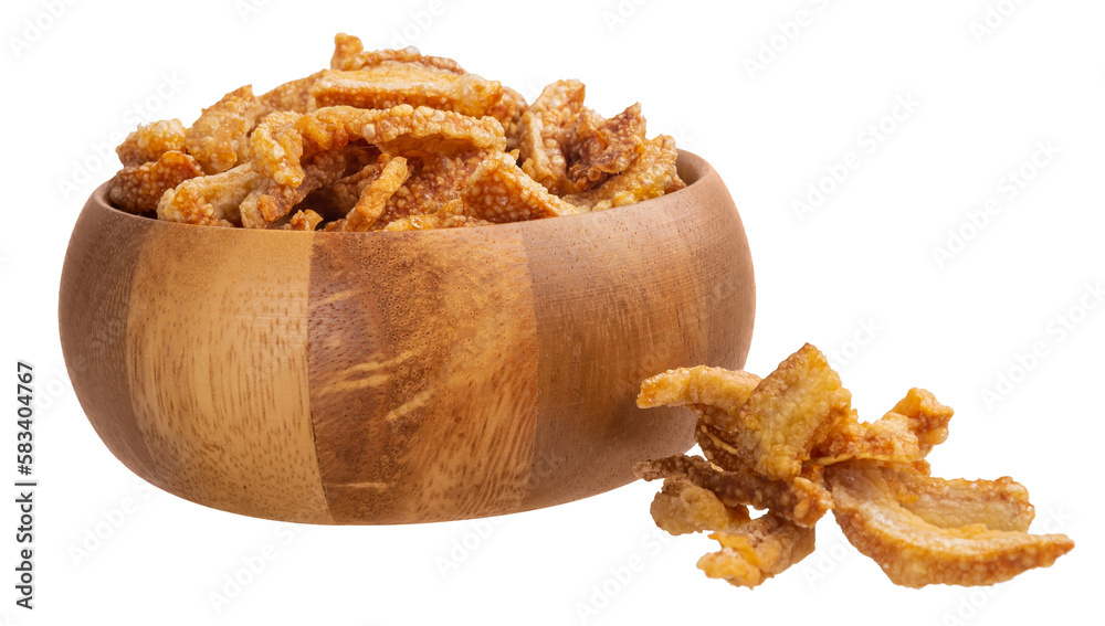 Fried crispy Pork Skins in Wooden bowl isolated on transparent