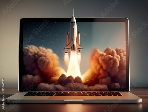 A laptop screen with a rocket taking off with generative ai