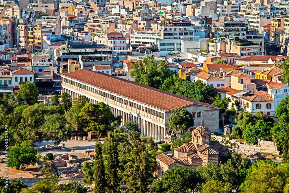Panoramic, partial view of the Ancient Agora of Athens, Greece.