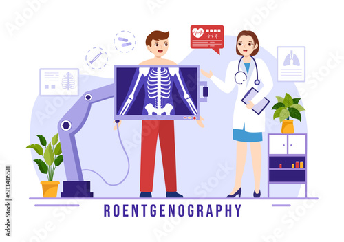 Roentgenography Illustration with Fluorography Body Checkup Procedure, X-ray Scanning or Roentgen in Health Care Flat Cartoon Hand Drawn Templates