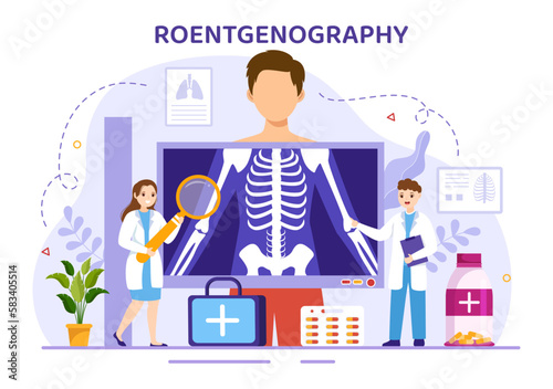 Roentgenography Illustration with Fluorography Body Checkup Procedure, X-ray Scanning or Roentgen in Health Care Flat Cartoon Hand Drawn Templates