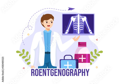 Roentgenography Illustration with Fluorography Body Checkup Procedure, X-ray Scanning or Roentgen in Health Care Flat Cartoon Hand Drawn Templates