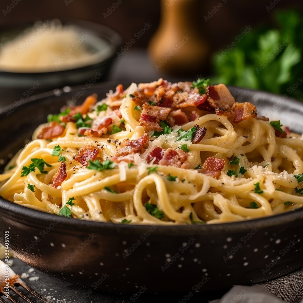 A close-up shot of a steaming bowl of spaghetti carbonara with crispy bacon bits and grated cheese on top. The pasta is coated with a creamy sauce and sprinkled with parsley. A close-up shot of a steaming bowl of spaghetti carbonara with crispy bacon bits and grated cheese on top. The pasta is coated with a creamy sauce and sprinkled with parsley.