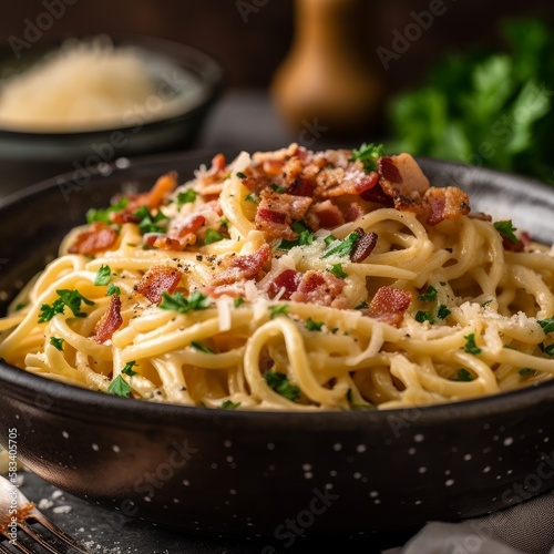 A close-up shot of a steaming bowl of spaghetti carbonara with crispy bacon bits and grated cheese on top. The pasta is coated with a creamy sauce and sprinkled with parsley.