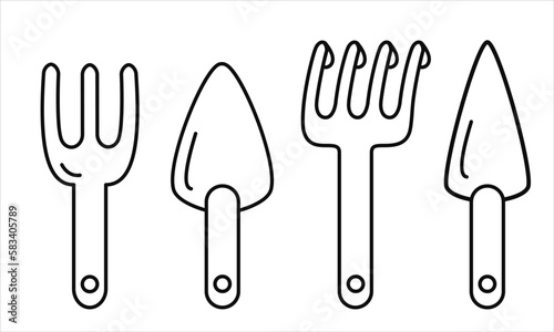 Set of vector black line illustration of garden tools: scoops, rake, loosening fork. Spring, summer, garden themes.