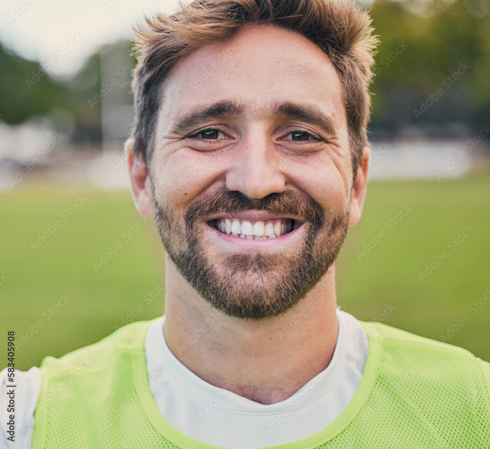 Rugby, field and portrait of man with smile, confidence and happiness in winning game. Fitness, sports and cropped face of happy player ready for match, workout or competition on grass at stadium. Rugby, field and portrait of man with smile, confidence and happiness in winning game. Fitness, sports and cropped face of happy player ready for match, workout or competition on grass at stadium.