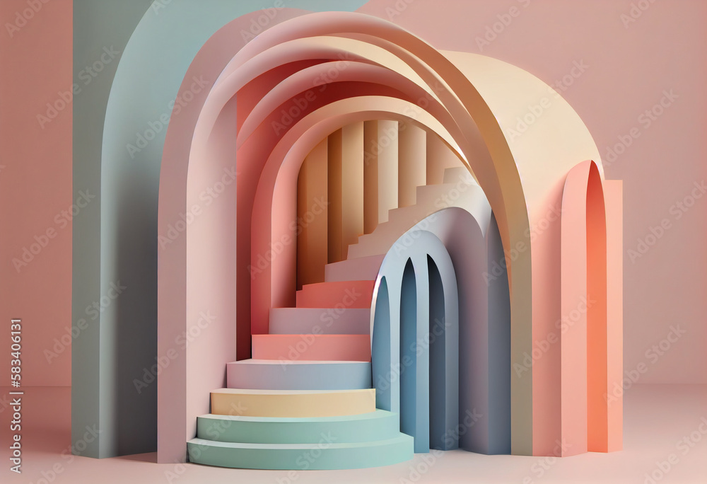 3d render illustration in modern geometric style Arch and stairs in trendy minimal interior Gradient pastel colors background Abstract composition, Generative AI 3d render illustration in modern geometric style Arch and stairs in trendy minimal interior Gradient pastel colors background Abstract composition, Generative AI