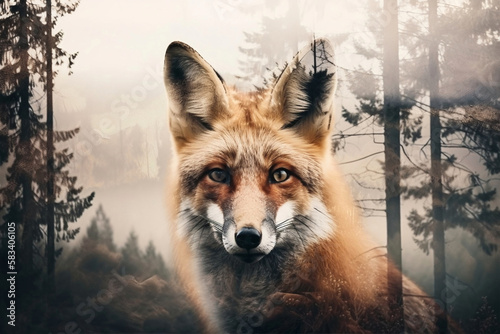 Double exposure of red fox and forest - Generative AI