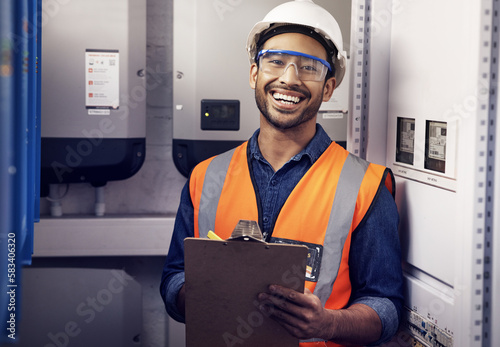 Konstfotografi Portrait of happy man, engineering and technician at control panel, inspection and maintenance planning on clipboard