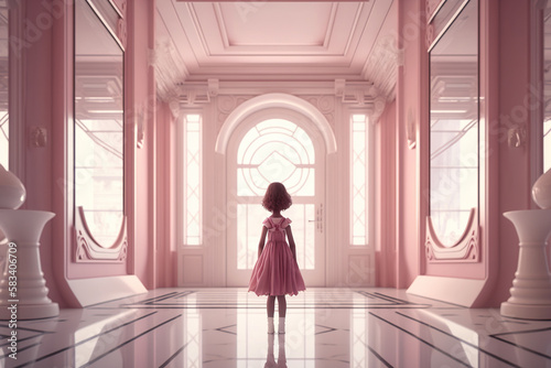 A child girl in a pink dress is standing in a monochrome pink room near big windows, interior design pink color style, mimimalism. AI Generative