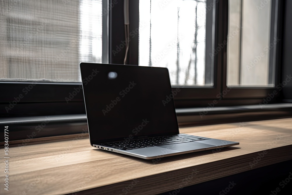 Laptop computer with copy space in the background on a wooden table. Generative AI Laptop computer with copy space in the background on a wooden table. Generative AI
