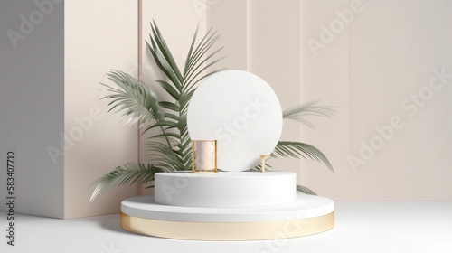 Square shape marble with golden palm leaves product display podium with Generative AI