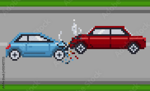 Damaged cars after collision on the road, pixel art illustration.