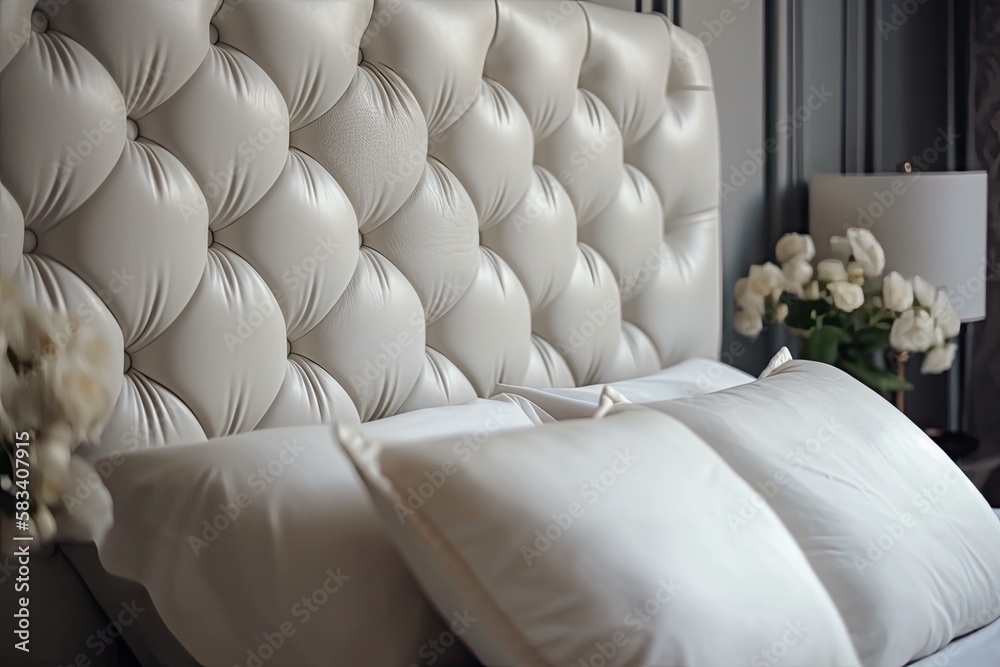 White leather headboard with a quilted surface, soft white pillow, and