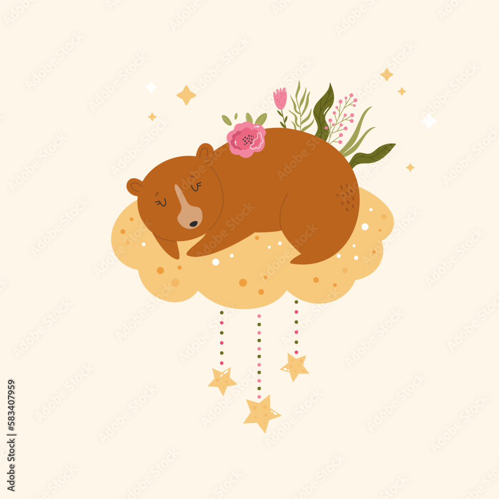 Fototapeta premium Little cute bear sleeping on the cloud. Adorable animal vector design, illustration