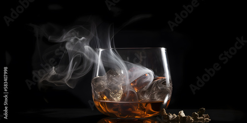 Whiskey. Whiskey in a glass with ice and smoke on a black background, close up. Generative AI technology.