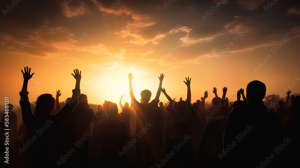 group of people at sunset, crowd celebrating the sun, hands in the air, generative ai group of people at sunset, crowd celebrating the sun, hands in the air, generative ai