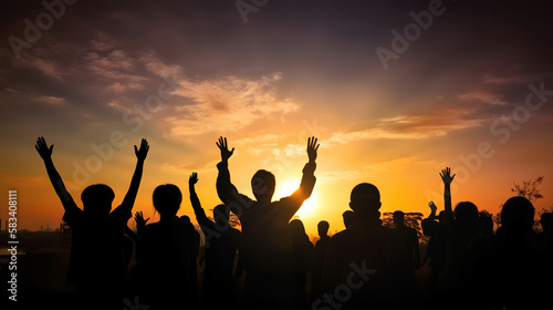 group of people at sunset, crowd celebrating the sun, hands in the air, generative ai