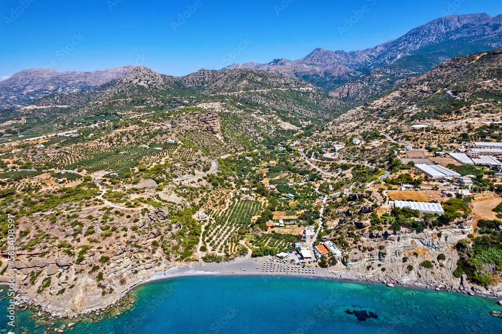 Panoramic, aerial (drone) view of Agia Fotia beach, Ierapetra, Lassithi,  Crete island, Greece. Photos | Adobe Stock
