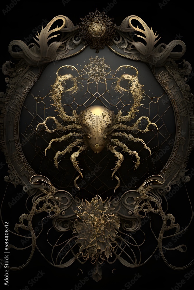 the image of a portrait of cancer, the zodiac sign, gold and black, decorated with gothic lace and precious stones, a fantasy generated by artificial intelligence