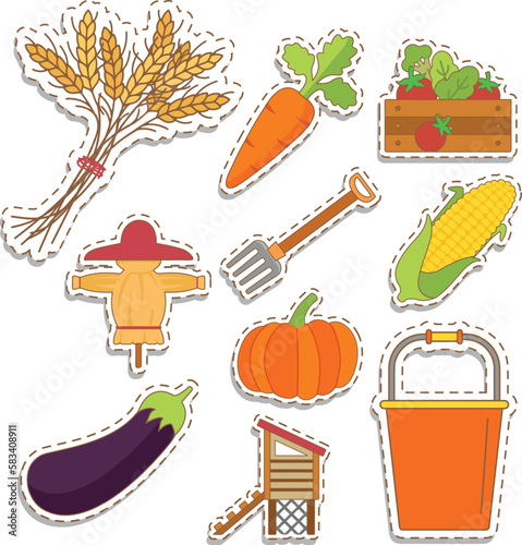 Set of Farm Object Cute Sticker Illustration