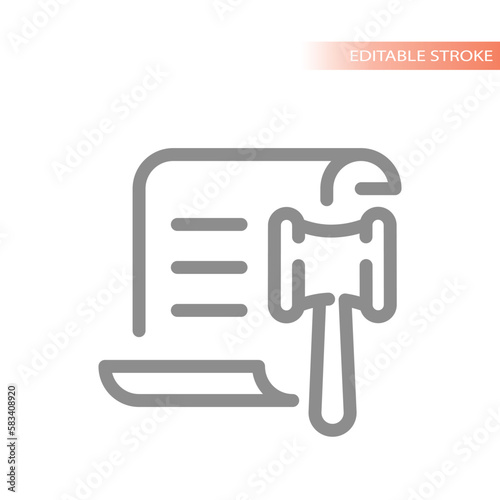 Paper scroll document and judge hammer line icon. Sentence, verdict or judgement and conviction line symbol.