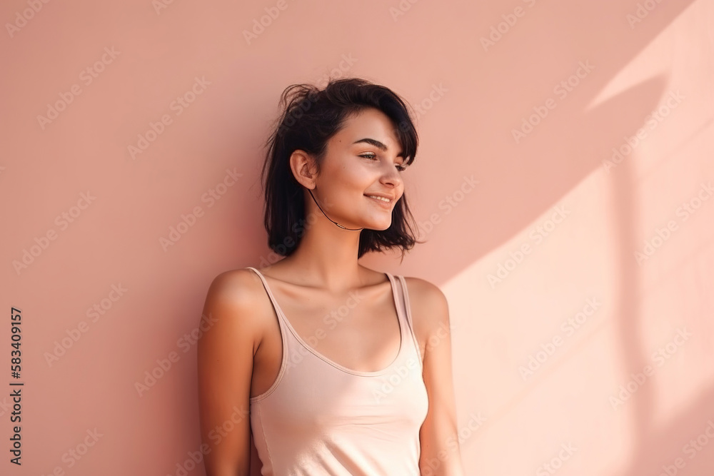 fashion portrait of a natural beauty young woman standing against a pastel pink wall, generative ai fashion portrait of a natural beauty young woman standing against a pastel pink wall, generative ai