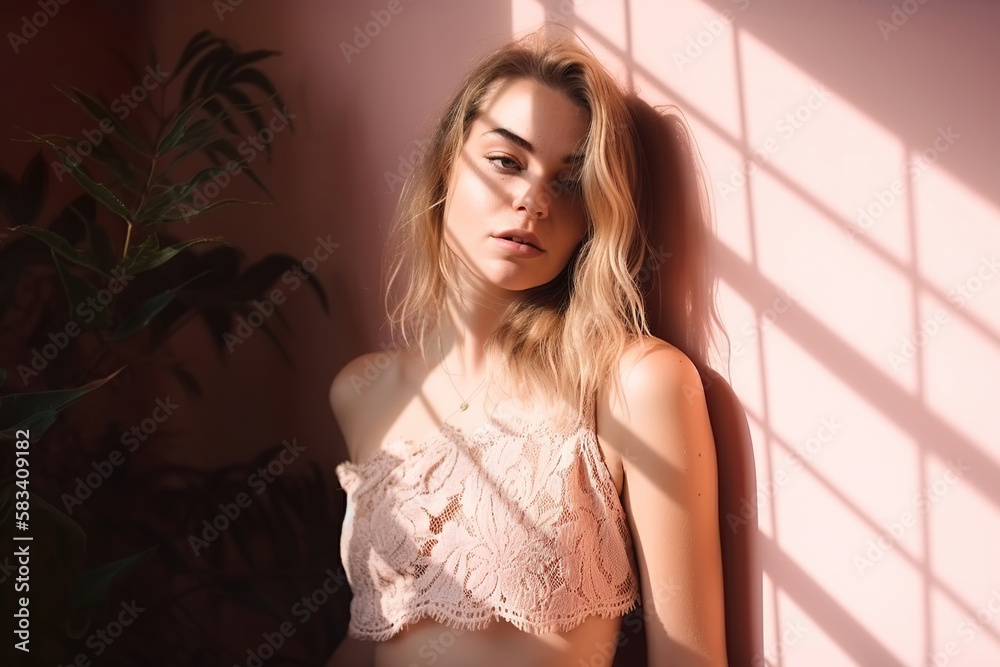 Fototapeta premium fashion portrait of a natural beauty young woman standing against a pastel pink wall, generative ai