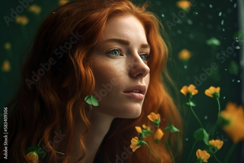 portrait of a beauty redhead woman with flowers in the forest, generative ai 