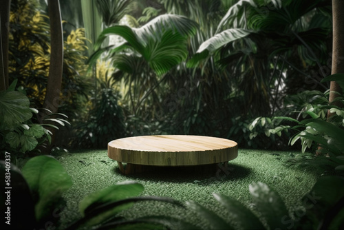 Wooden podium in tropical forest for product presentation  lush green plants background  generative ai