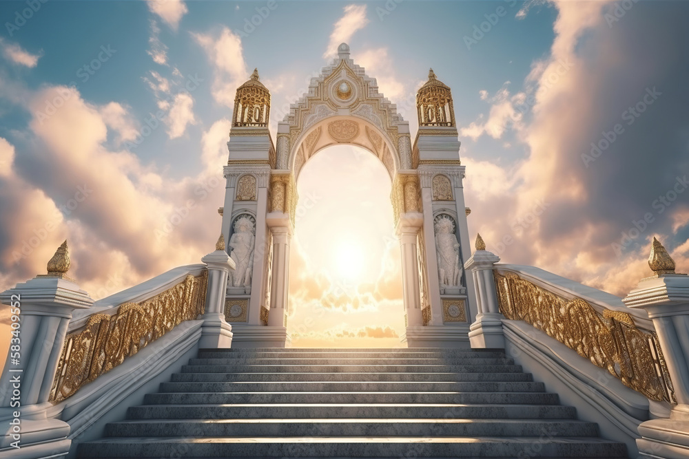 temple of heaven, stairway to heaven, gates of heaven, beautiful sky, godrays, generative ai - obrazy, fototapety, plakaty 
