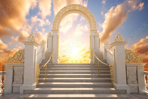 temple of heaven, stairway to heaven, gates of heaven, beautiful sky, godrays, generative ai