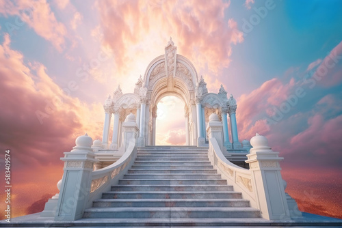 temple of heaven, stairway to heaven, gates of heaven, beautiful sky, godrays, generative ai